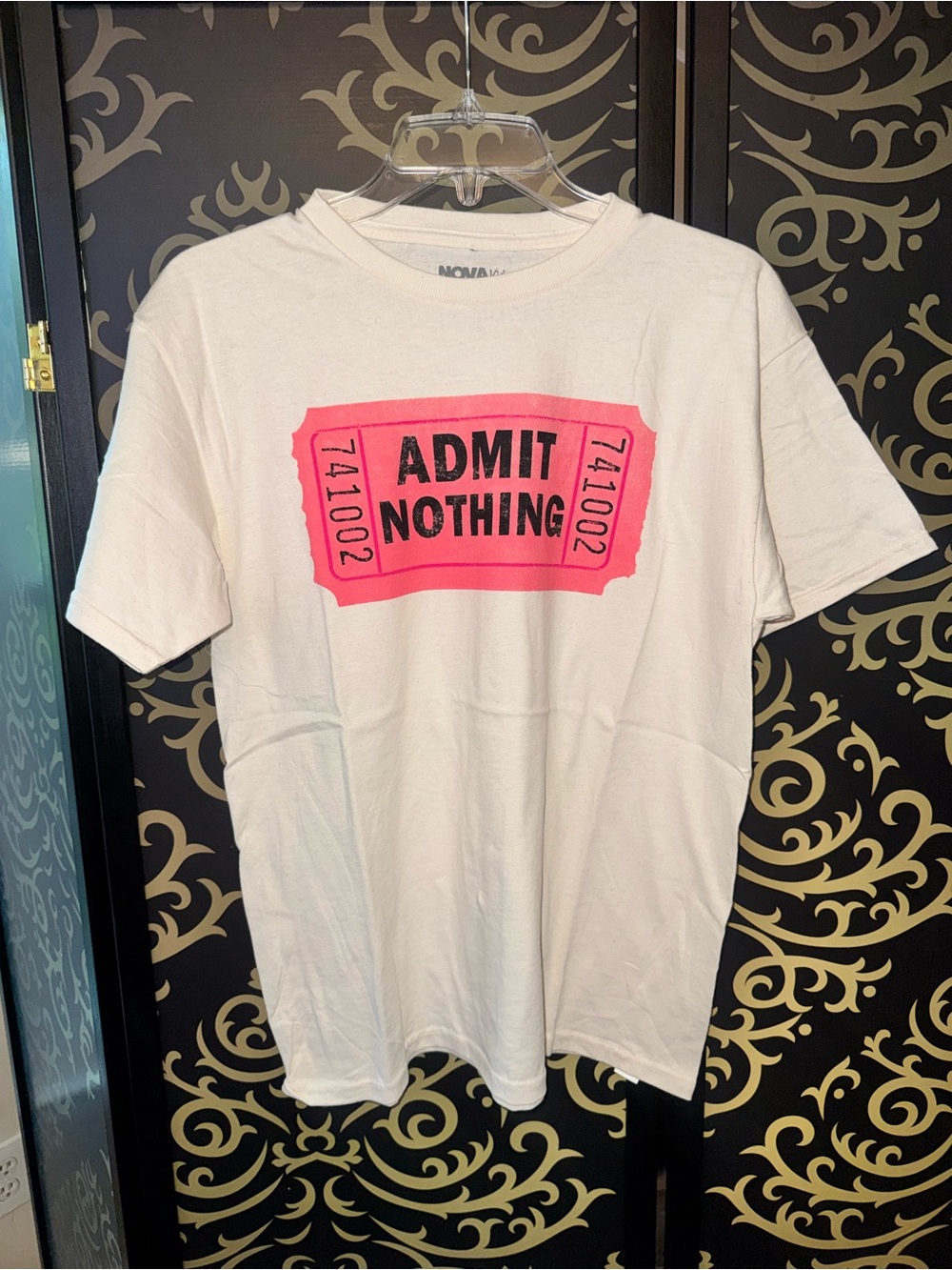 Fashion Nova White Tee with Neon Pink Ticket Graphic - "Admit Nothing"
